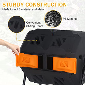 Outdoor Compost Tumbling Bin 43 Gallon Large Dual Chamber Sliding Doors Composter Steel Frame Garden Tumbling Rotating Composting Bins 360° Compost Tumbler Bucket Trash Can for Patio Yard (Orange)