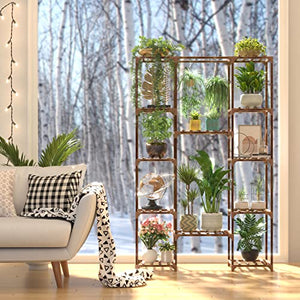 cfmour Wood Plant Stand Indoor Outdoor, 62.2" Tall Flower Shelf Tiered Plant Stands for Multiple Plants Large Planter Holder Hanging Shelves Rack for Living Room Garden Balcony