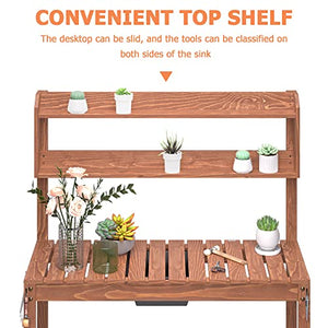 Domenow Mobile Potting Bench -Natural Wood Large Garden Outdoor Work Bench w/Sliding Tabletop, 4 Locking Wheels, Food Grade Dry Sink, Storage Shelves - Brown Stain Finish