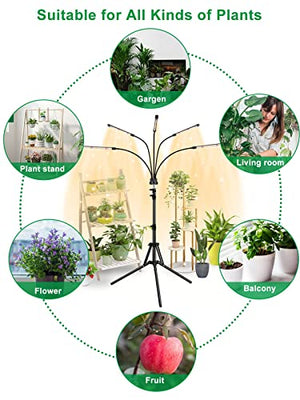 fyheart Grow Lights for Indoor Plants,Full Spectrum Grow Light with Adjustable Stand and Sturdy Clip,5 Light Tube,3 Light Modes,10 Dimmable Brightness,4/8/12 H Timer,360° Gooseneck,Remote Control