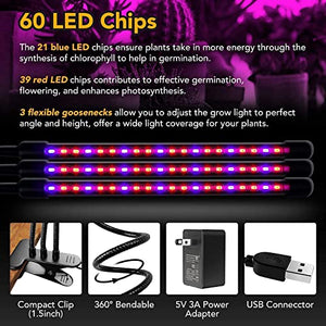 iPower 15W LED Grow Light for Indoor Plant with Triple Head 360° Adjustable Gooseneck, Auto Cycle Time Function (3/9/12H), 11 Dimmable Levels, 3 Lighting Mode