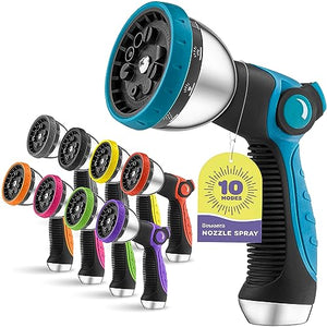 Hose Nozzle [Blue] Heavy Duty Sprayer With 10 Adjustable Watering Patterns - Thumb Control Design, Comfortable Ergonomic Grip, Garden for Plants & Lawns. Fun Showers/Cleaning
