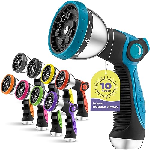 Hose Nozzle [Blue] Heavy Duty Sprayer With 10 Adjustable Watering Patterns - Thumb Control Design, Comfortable Ergonomic Grip, Garden for Plants & Lawns. Fun Showers/Cleaning