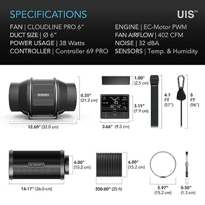 AC Infinity Air Filtration PRO Kit 6”, CLOUDLINE PRO Inline Fan with Temperature Humidity WiFi Controller, Carbon Filter Ducting, Cooling Ventilation System for Grow Tents, Hydroponics, Indoor Gardens