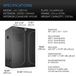 AC Infinity CLOUDLAB 743D 2-in-1 Advance Grow Tent, 48”x36”x72” Thickest 1 in. Poles, Highest Density 2000D Diamond Mylar Canvas, 4x3 for Hydroponics Indoor Growing