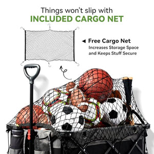 Hikenture Collapsible Wagon Cart with Cargo Net, 220lbs Capacity Beach Wagon with Big Wheels for Sand, Heavy Duty Foldable Wagon with Brakes, Portable Utility Folding Garden Cart for Outdoor