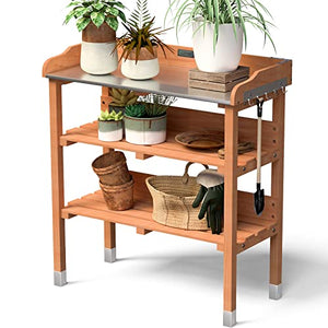 Giantex Garden Potting Bench, Outdoor Wood Workstation Table with Galvanized Steel Tabletop, 5 Hooks, 2-Tier Storage Shelves, Outside Work Station Potting Table with Raised Edge, Easy Assembly