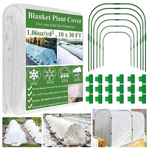 WYRJXYB Plant Covers Freeze Protection Kit 10 x 30Ft with 6Pcs Garden Hoops & 18 Clip-Frost Cloth Plant Blankets Floating Row Cover for Outdoor Plants Raised Bed Greenhouse Winter Frost Sun Protection