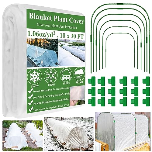 WYRJXYB Plant Covers Freeze Protection Kit 10 x 30Ft with 6Pcs Garden Hoops & 18 Clip-Frost Cloth Plant Blankets Floating Row Cover for Outdoor Plants Raised Bed Greenhouse Winter Frost Sun Protection