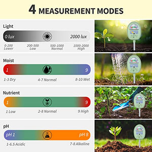 Soil Moisture Meter,4-in-1 Soil Ph Meter, Soil Tester for Moisture, Light,Nutrients, pH,Soil Ph Test Kit, Great for Garden, Lawn, Farm, Indoor & Outdoor Use (No Battery Required)
