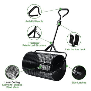 Compost and Peat Moss Spreader, 24 Inch Lawn & Garden 2 in 1 Push and Tow Behind Top Soil, Dirt, Manure Roller Spreaders, Durable Lightweight Yard Care Metal Mesh Basket Push Spreader