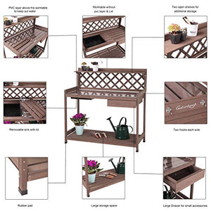 GUTINNEEN Potting Bench with PVC Layer, Sink, Lid, Gardening Work Bench Wooden Planting Table Outdoor with Storage, Drawer, Shelf, Hook