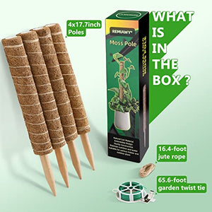 Moss Pole for Plants Monstera 56 Inch, 4 Pcs 17.7 Inch Moss Poles for Climbing Plants, Coir Totem Pole Moss Stick for Plant Support Extension, Train Potted Creepers to Grow Upwards, 65 Feet Twist Tie