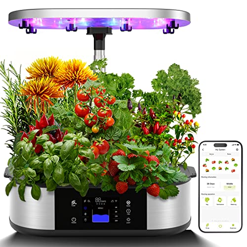 WiFi 12 Pods Hydroponics Growing System 36W Full Spectrum Grow Lights, 3 Planting Modes with Traction Hook, Silent Pump System, Automatic Timer, Up to 30" Height Adjustable, Ideal Gardening Gifts