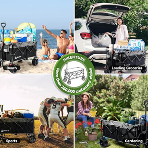 Hikenture Collapsible Wagon Cart with Cargo Net, 220lbs Capacity Beach Wagon with Big Wheels for Sand, Heavy Duty Foldable Wagon with Brakes, Portable Utility Folding Garden Cart for Outdoor