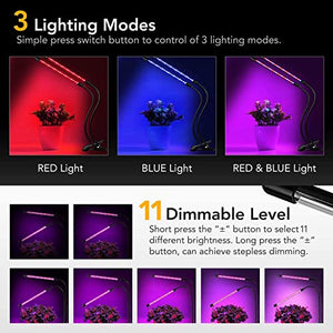 iPower LED Grow Light with Full Spectrum for Indoor Plants, Adjustable Gooseneck, 2/3 Light Modes&5/10 Dimmable Levels, 3 Auto Timing Modes, 2 Tubes, Red&Blue