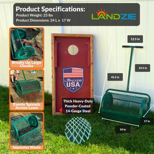 Landzie Spreader with Upgraded Side Clasps, Peat Moss Spreader, Metal Mesh Basket, Comfort Grip Handles, and Compost Spreader for Lawn and Garden