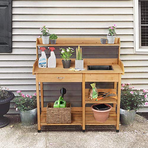Yaheetech Potting Bench Outdoor Garden Work Bench Station Planting Solid Wood Construction for Horticulture w/Sink Drawer Rack Shelves Natural Wood