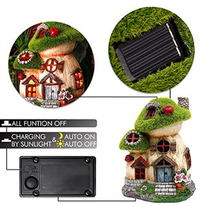 TERESA'S COLLECTIONS Mushroom Garden Statues with Solar Light, Cute Flocked Fairy House Accessories Resin Cottage Figurines Lawn Ornaments Outdoor Gifts for Flower Garden Patio Yard Decor, 7.7“