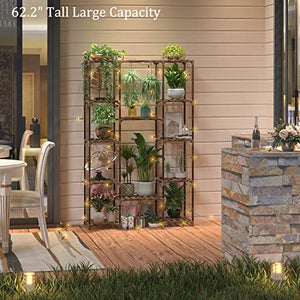 cfmour Wood Plant Stand Indoor Outdoor, 62.2" Tall Flower Shelf Tiered Plant Stands for Multiple Plants Large Planter Holder Hanging Shelves Rack for Living Room Garden Balcony