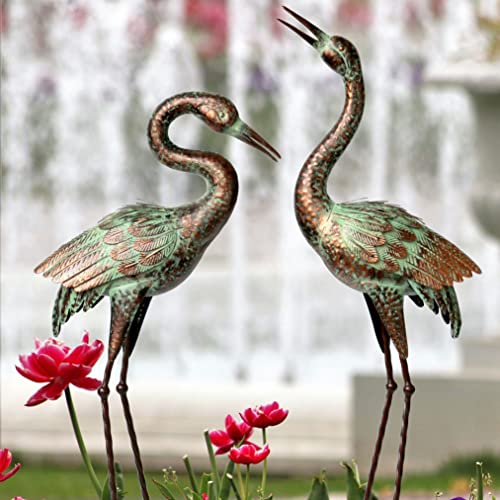 Shorayn Garden Crane Statues, Blue Heron Sculptures for Outdoor, Cranes Decor Metal Bird, Patina Garden Art Lawn Ornaments for Yard Patio Porch Outside Decorations