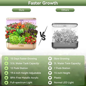 Hydroponics Growing System, LYKO 12 Pods Indoor Garden with LED Grow Lights, Plants Germination Kit, Height Adjustable 3.5L Water Tank, Herb Garden Kit Indoor for Home Kitchen - Gold