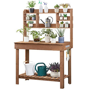 Yaheetech Potting Bench Table Horticulture Germination Table & Outdoor Garden Work Bench Platform w/Display Rack/Storage Shelf/Hanger/Thoughtful Sink Brown