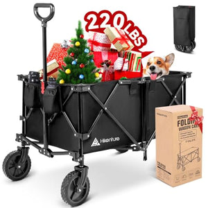 Hikenture Folding Wagon Cart, Portable Large Capacity Beach Wagon, Heavy Duty Utility Collapsible Wagon with All-Terrain Wheels, Outdoor Garden Cart Foldable Wagon for Sports, Shopping, Camping(Black)