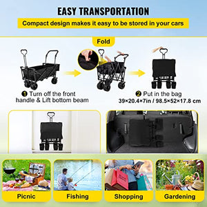 Happbuy Extra Large Collapsible Garden Cart with Removable Canopy, Folding Wagon Utility Carts with Wheels and Rear Storage, Wagon Cart for Garden, Camping, Grocery Cart, Shopping Cart, Black
