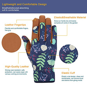 Leather Gardening Gloves for Women - Working Gloves for Weeding, Digging, Planting, Raking and Pruning (B-Blue) Medium