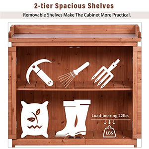 Outdoor Storage Cabinet, Garden Potting Bench Table & Solid Wood Planting Work Bench with 2 Shelves, Side Hook & Splash Plate, Wooden Storage Cabinet for Backyard, Patio, Lawn