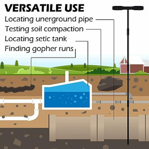 Sfcddtlg 64 Inch Metal Ground Soil Probe Rod - Adjustable Soil Sample Probe - T-Handle Septic Tank Locator for Tile Probing, Soil Compaction, Locating Underground Pipes, Landscaping, Gardening