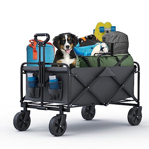 Collapsible Foldable Beach Wagon Carts with 360° Rotating Wheels for All Terrain, Utility Heavy Duty Folding Wagon with 300LBS Capacity for Grocery, Sand, Garden, Outdoor, Camping (Black)