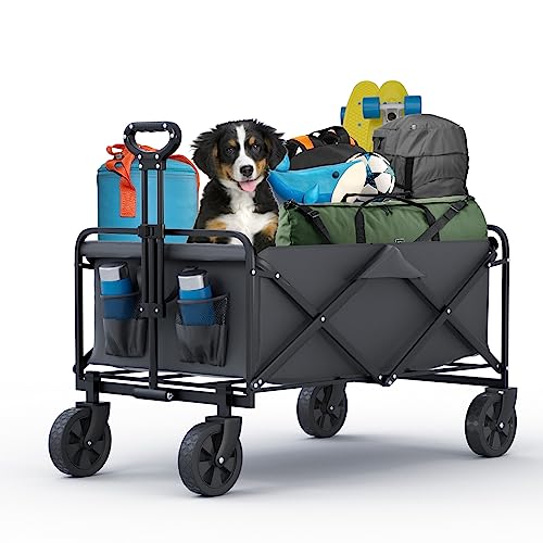 Collapsible Foldable Beach Wagon Carts with 360° Rotating Wheels for All Terrain, Utility Heavy Duty Folding Wagon with 300LBS Capacity for Grocery, Sand, Garden, Outdoor, Camping (Black)