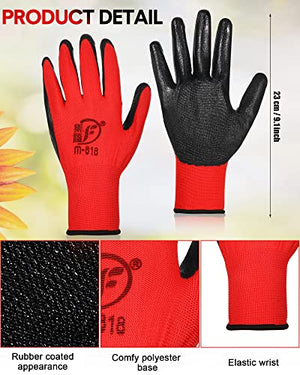 Honeydak 36 Pairs Gardening Gloves for Men Women Breathable Rubber Coated Garden Gloves Men Safety Work Gloves (Red, Black)