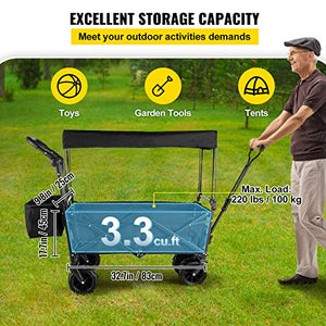 Happbuy Extra Large Collapsible Garden Cart with Removable Canopy, Folding Wagon Utility Carts with Wheels and Rear Storage, Wagon Cart for Garden, Camping, Grocery Cart, Shopping Cart, Black