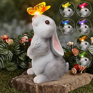 Sinhra Bunny Statue Decor-Rabbit with Solar Butterfly Changing Lights for Garden, Outdoor, Patio,Balcony,Yard,Lawn Ornament,Gardening Gifts for Mom Grandma