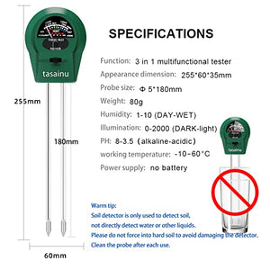 Soil Moisture Meter, Tasainu 3-in-1 Moisture Meter for House Plants, Soil pH Meter, Suitable for Potted Plants, Farms, Gardens and Indoor & Outdoor, No Battery Required