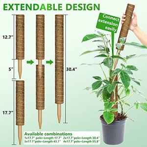 Moss Pole for Plants Monstera 56 Inch, 4 Pcs 17.7 Inch Moss Poles for Climbing Plants, Coir Totem Pole Moss Stick for Plant Support Extension, Train Potted Creepers to Grow Upwards, 65 Feet Twist Tie