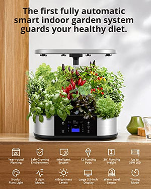 WiFi 12 Pods Hydroponics Growing System 36W Full Spectrum Grow Lights, 3 Planting Modes with Traction Hook, Silent Pump System, Automatic Timer, Up to 30" Height Adjustable, Ideal Gardening Gifts