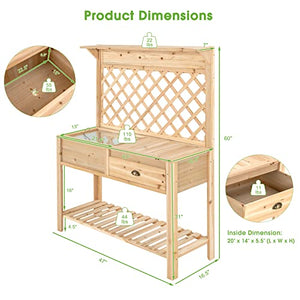 Giantex Garden Potting Bench Table, Wood Outdoor Work Station with Trellis and Shelves for Gardening Tools, Drawer, Hidden Storage Cabinet with Sliding Lid, Workstation Table, 47"x 16.5" x 60"