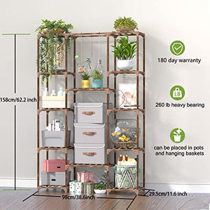 cfmour Wood Plant Stand Indoor Outdoor, 62.2" Tall Flower Shelf Tiered Plant Stands for Multiple Plants Large Planter Holder Hanging Shelves Rack for Living Room Garden Balcony