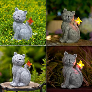 Solar Cat Outdoor Statues for Garden: Outside Decor with Butterfly Clearance for Yard Art Lawn Ornaments Porch Patio Balcony Home House - Birthday Gifts for Grandma Mom Women
