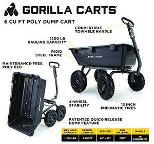 Gorilla Carts GOR6PS Poly Yard Dump Cart, Heavy-Duty Convertible 2-in-1 Handle, 1-(Pack), Black