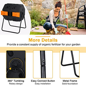 Outdoor Compost Tumbling Bin 43 Gallon Large Dual Chamber Sliding Doors Composter Steel Frame Garden Tumbling Rotating Composting Bins 360° Compost Tumbler Bucket Trash Can for Patio Yard (Orange)