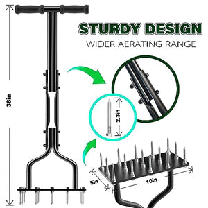 vanpein Lawn Aerator Spike Manual Tool with 15 Iron Spikes, Garden Grass Aeration Tools Hand Air Aerator & Clean Tool for Aerating Lawns & Yard Care, Loosening Soil, 36 Inch Black-Spike