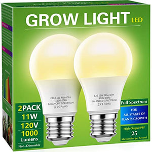 Briignite Grow Light Bulbs, LED Grow Light Bulb A19 Bulb, Full Spectrum, Plant Light Bulbs E26 Base, 11W Grow Bulb 100W Equivalent, Grow Light for Indoor Plants, Seed Starting, 2Pack