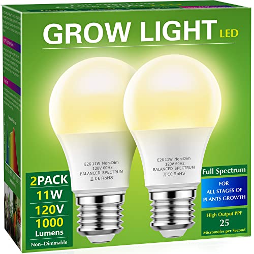 Briignite Grow Light Bulbs, LED Grow Light Bulb A19 Bulb, Full Spectrum, Plant Light Bulbs E26 Base, 11W Grow Bulb 100W Equivalent, Grow Light for Indoor Plants, Seed Starting, 2Pack