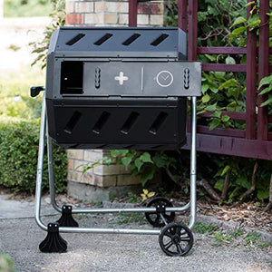 FCMP Outdoor IM4000-WK 37 Gallon Plastic Dual Chamber Tumbling Composter Outdoor Elevated Rotating Garden Compost Bin with Wheels, Black/Black