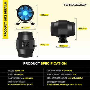 TerraBloom 4 Inch Inline Fan ECMF-100 - Quiet HVAC Grow Tent Fan with Digital Speed Controller- Premium Metal Casing 40-75% Energy Efficient EC Motor - For Large Spaces